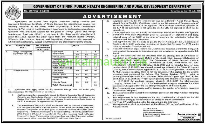 PHED Sindh Jobs 2026 – Village Development Supervisor & Daroga Vacancies (24 Remaining Posts)