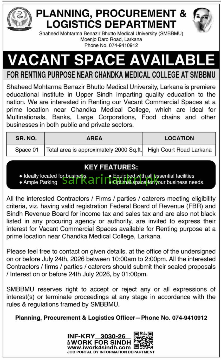 SMBBMU Larkana – Vacant Commercial Space Available for Rent Near Chandka Medical College