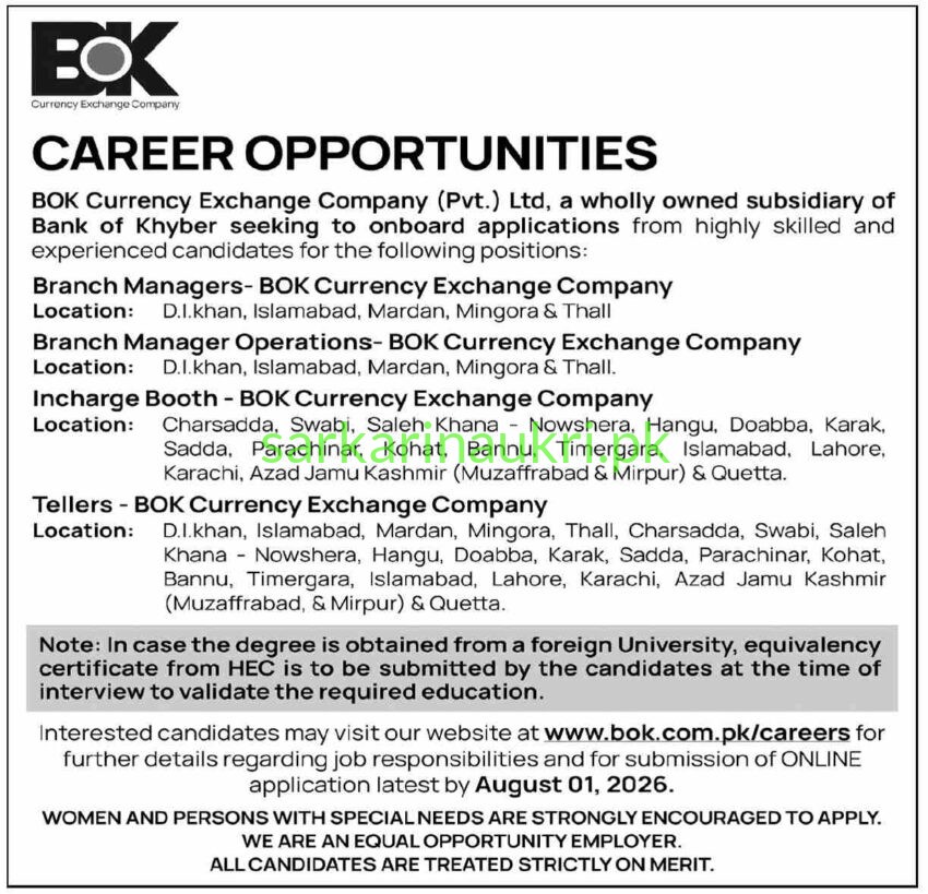 BOK Currency Exchange Company Jobs 2026 – Branch Managers, Incharge Booth & Tellers Career Opportunities