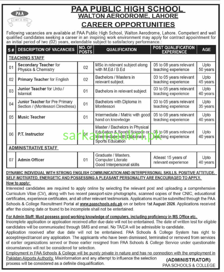 PAA Public High School Jobs 2026 – Teaching & Administrative Staff Career Opportunities in Lahore