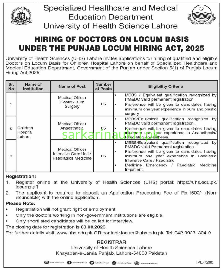 UHS Lahore Jobs 2026 – Hiring of Doctors on Locum Basis at Children Hospital Lahore (15 Posts)