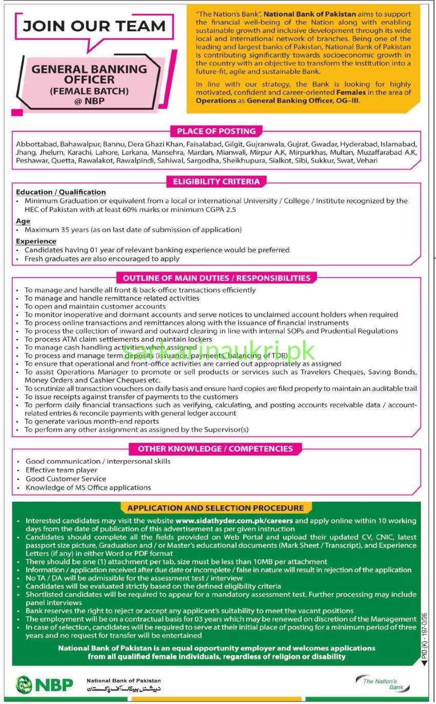 NBP Jobs 2026: National Bank of Pakistan Hiring General Banking Officer (Female Batch) – Apply Online