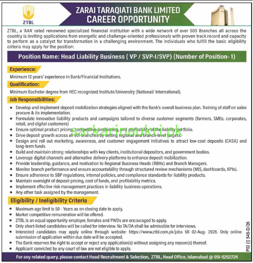 ZTBL Jobs 2026 – Head Liability Business| Apply Online