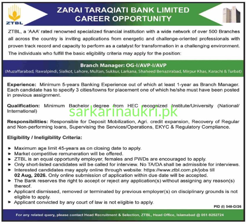 ZTBL Jobs 2026 – Branch Manager (OG-I) | Apply Online