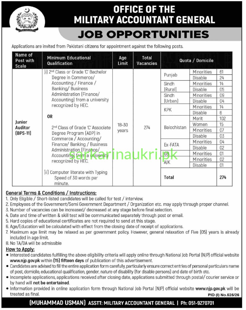 Military Accountant General | MAG Jobs 2026 – Junior Auditor (BPS-11) | Apply Online