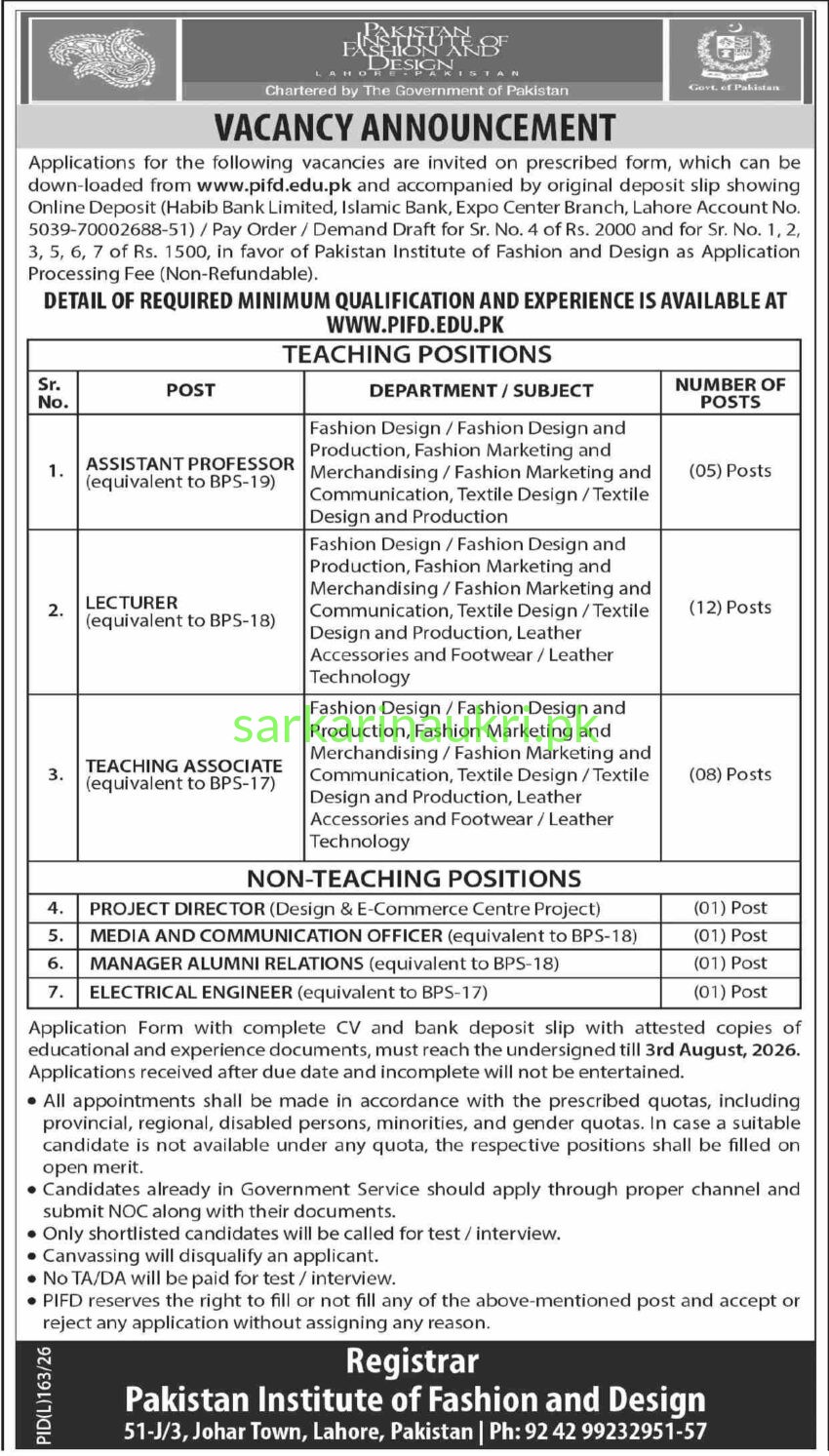 Pakistan Institute of Fashion and Design PIFD Jobs 2026 – Multiple Teaching & Non-Teaching Positions | Apply Online