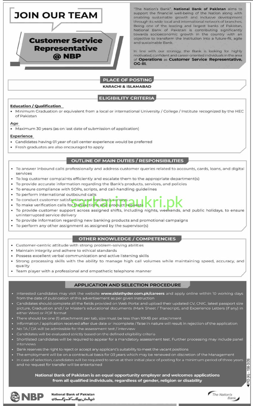 National Bank of Pakistan | NBP Jobs 2026 | Apply Online for Customer Service Representative