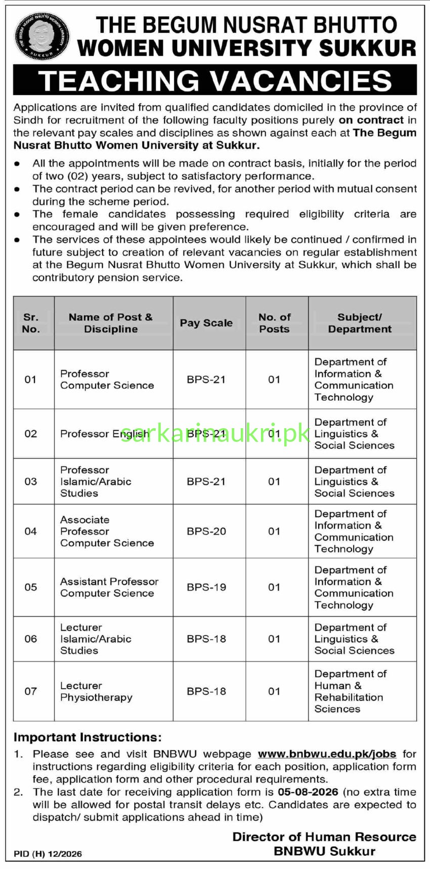 The Begum Nusrat Bhutto Women University Sukkur | BNBWU Jobs 2026 – Teaching Vacancies | Apply Online