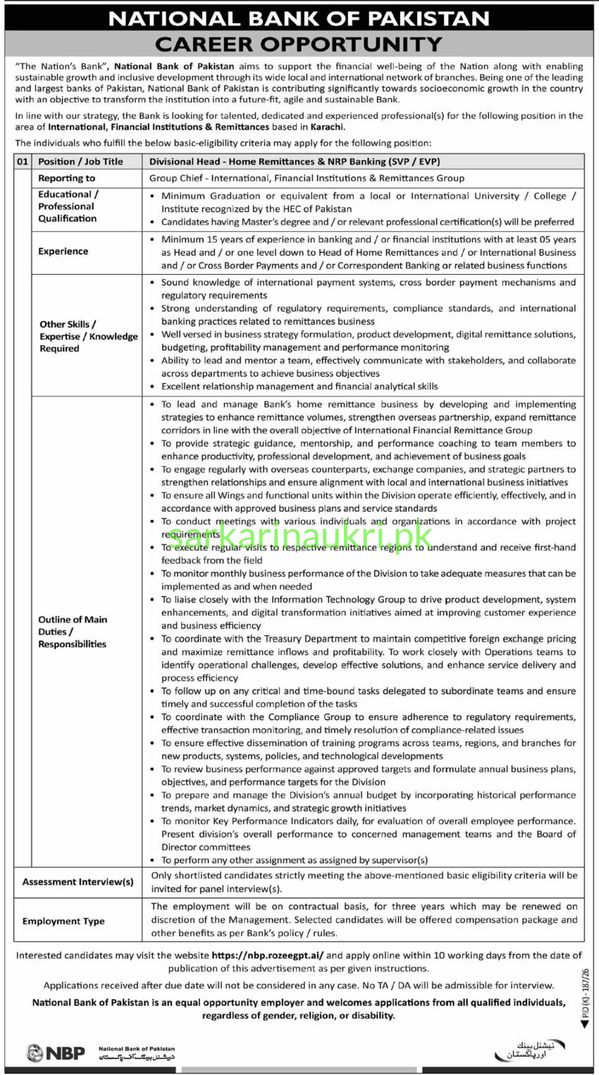 National Bank of Pakistan (NBP) Career Opportunity 2026 | Apply Online for Divisional Head — Home Remittances & NRP Banking