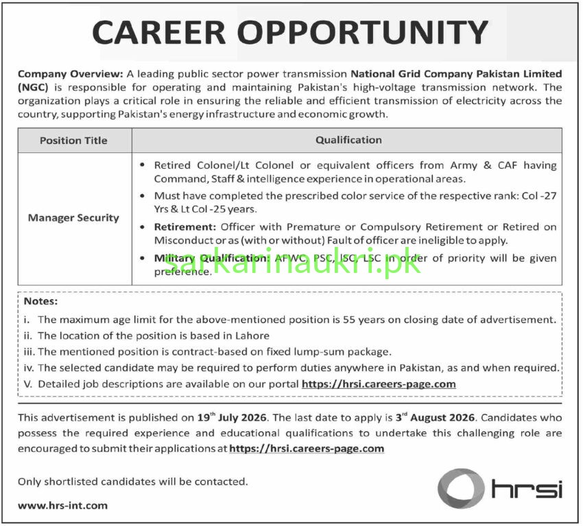 National Grid Company Pakistan Limited (NGC) — Career Opportunity 2026 (via HRSI)