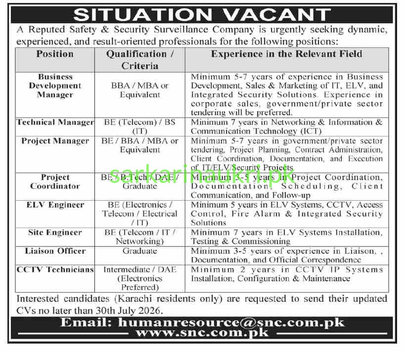 Safety & Security Surveillance Company (SNC) Jobs 2026 for Business Development Manager, Technical, Project Manager Manager,