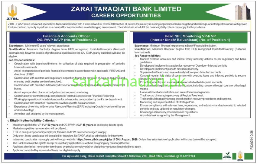 Zarai Taraqiati Bank Limited ZTBL Jobs 2026