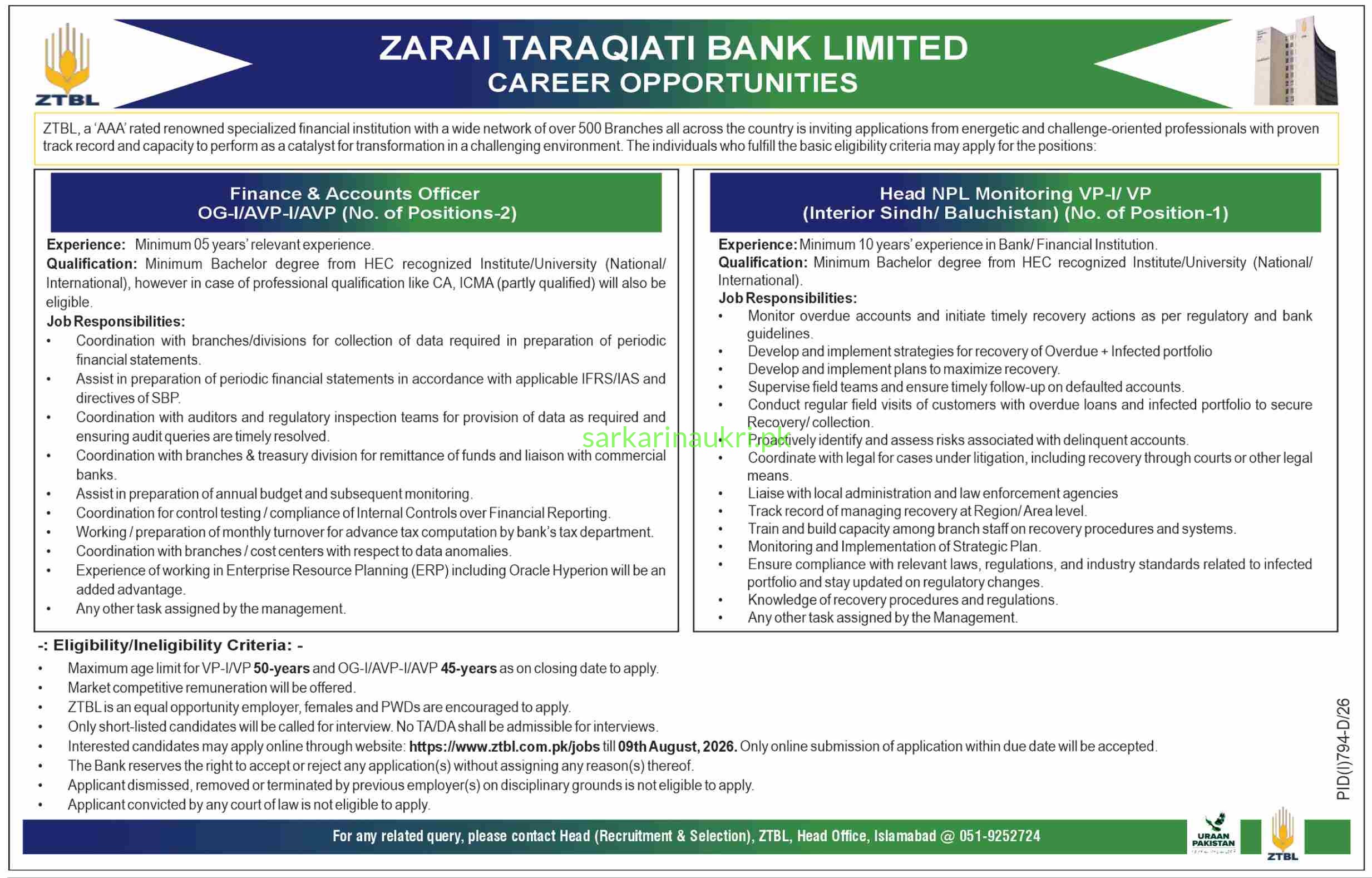 Zarai Taraqiati Bank Limited ZTBL Jobs 2026
