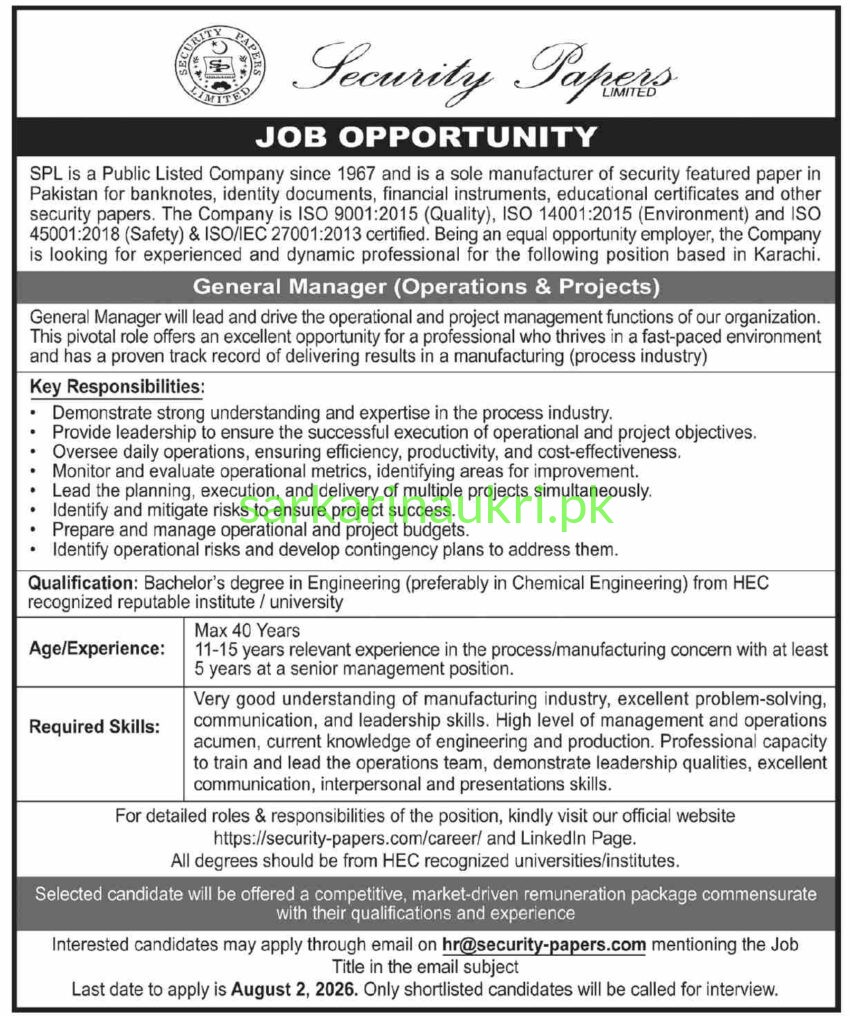 Security Papers Limited (SPL) Jobs 2026: General Manager Operations & Projects