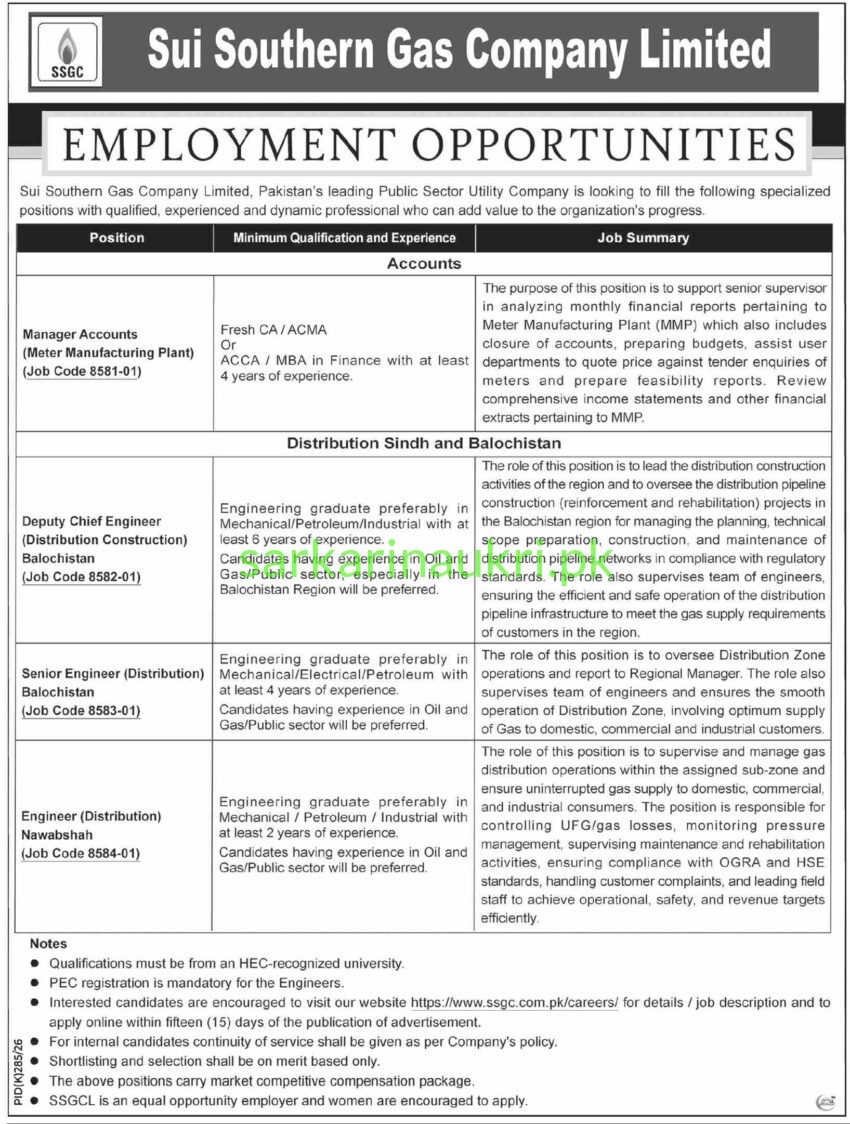 Sui Southern Gas Company Limited (SSGC) Jobs 2026
