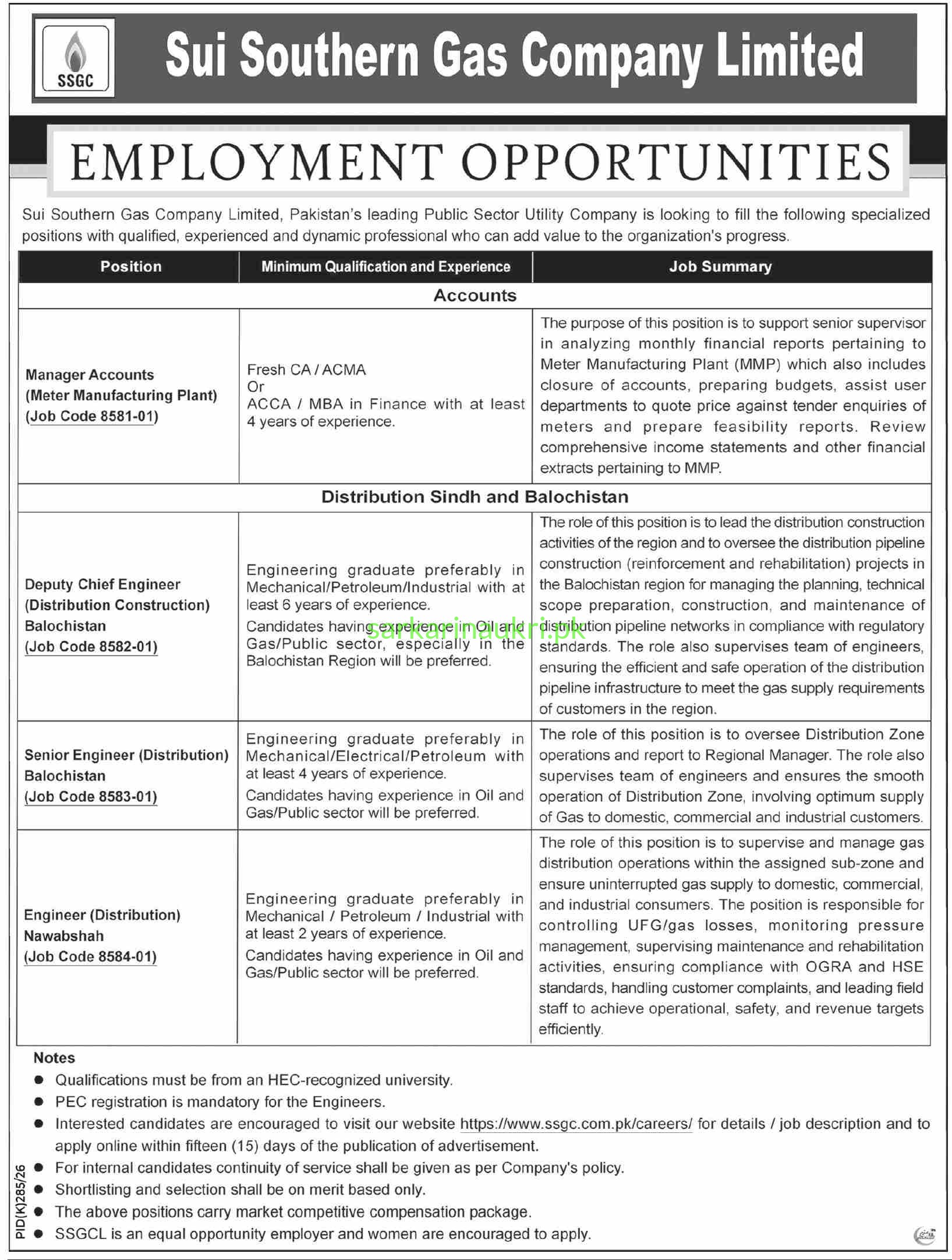 Sui Southern Gas Company Limited (SSGC) Jobs 2026
