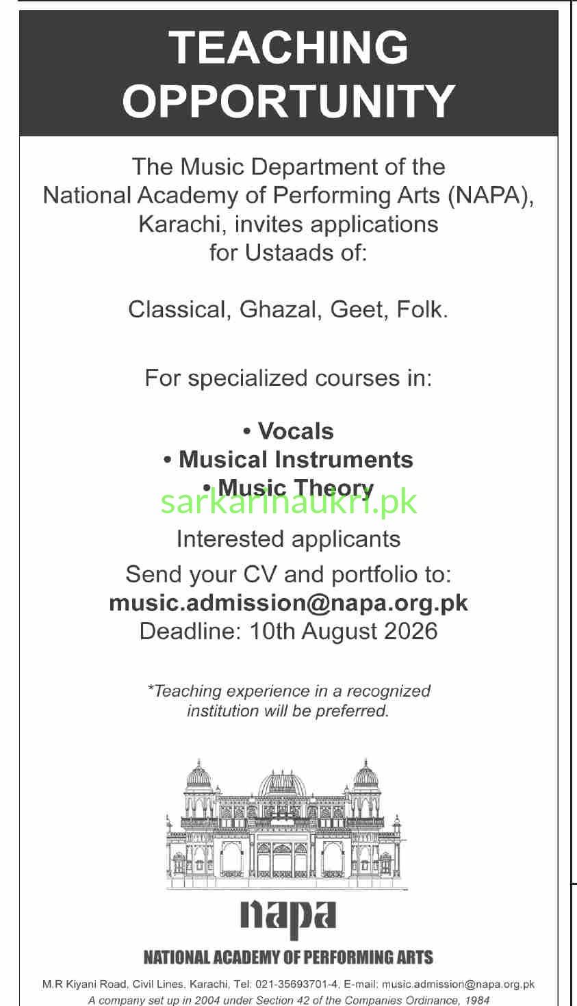 NAPA Karachi Jobs 2026: Music Department Teaching Faculty (Ustaads) – Apply by August 10