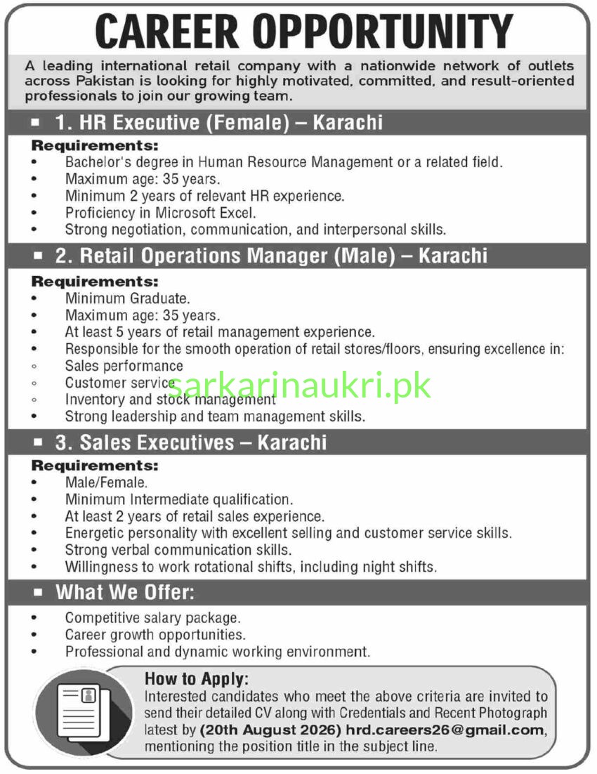 Retail Company Jobs 2026: HR Executive, Retail Operations Manager & Sales Executives in Karachi
