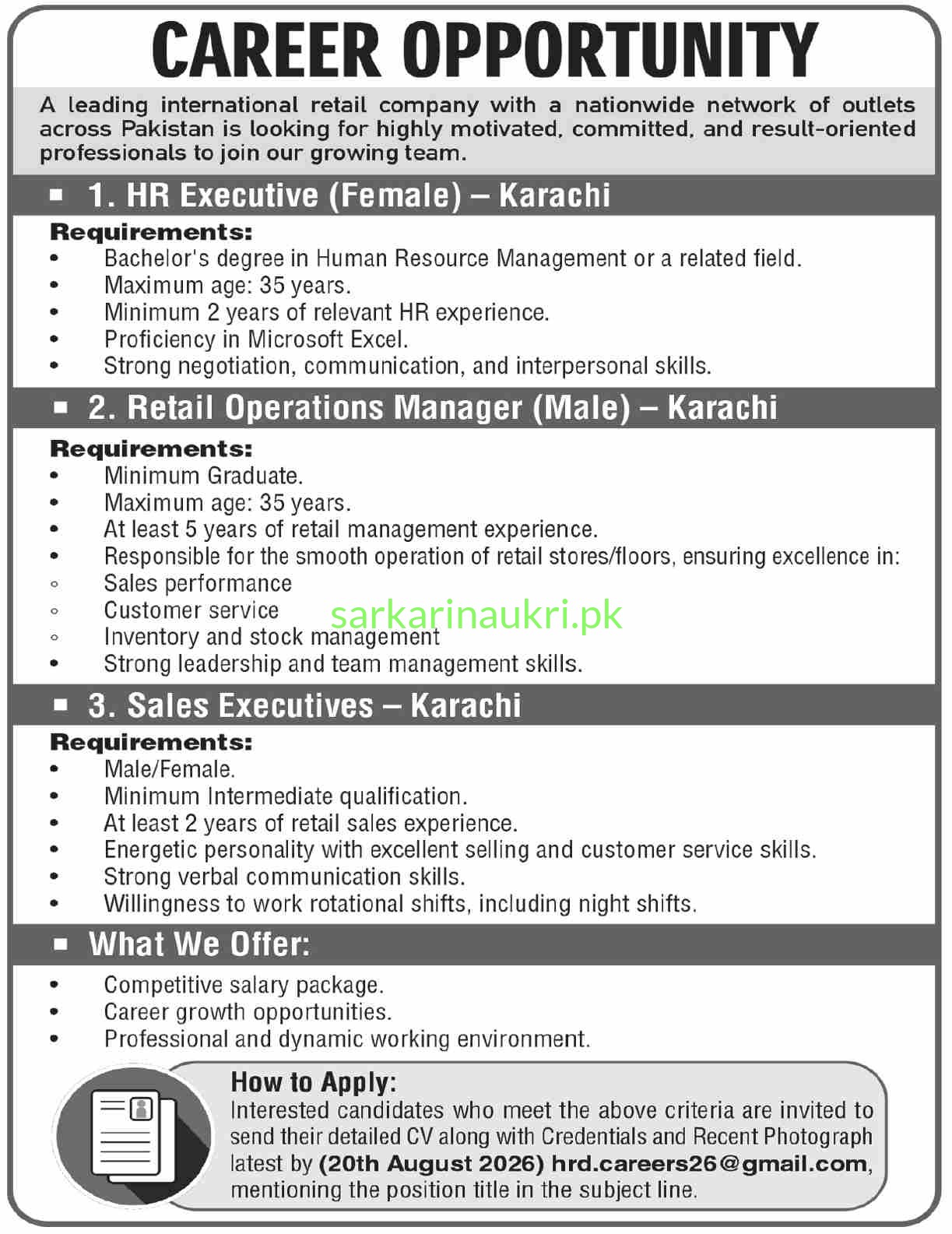 Retail Company Jobs 2026: HR Executive, Retail Operations Manager & Sales Executives in Karachi