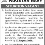 Pakistan Navy Jobs 2026: English Lecturer (BPS-17) at PNS BAHADUR Karachi