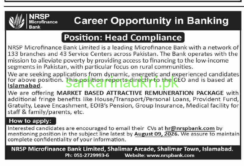 NRSP Microfinance Bank Job 2026: Head Compliance – Apply Online