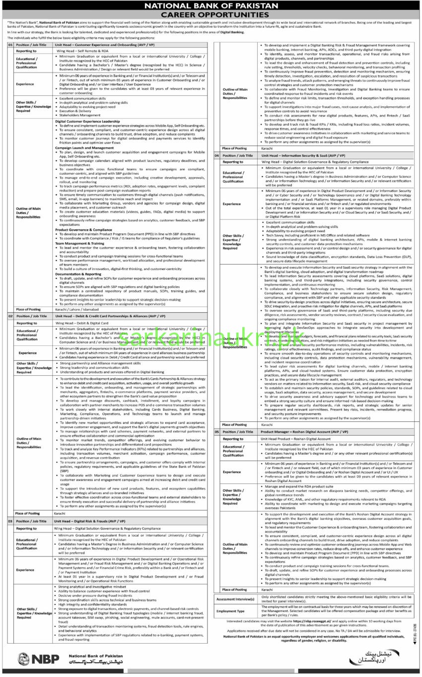 NBP Digital Banking Jobs 2026 – Apply Online at nbp.rozeegpt.ai