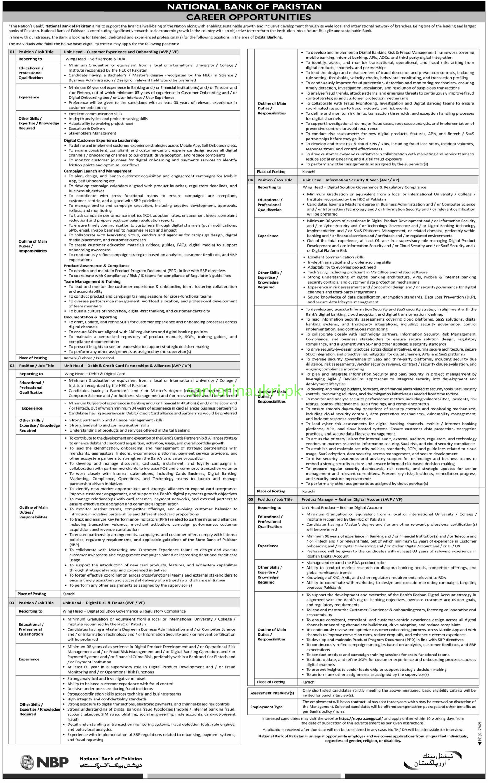 NBP Digital Banking Jobs 2026 – Apply Online at nbp.rozeegpt.ai