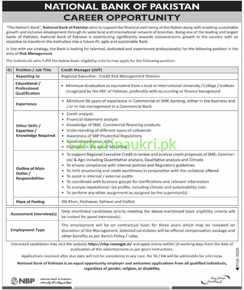 NBP Credit Manager Jobs 2026 – Apply Online at nbp.rozeegpt.ai