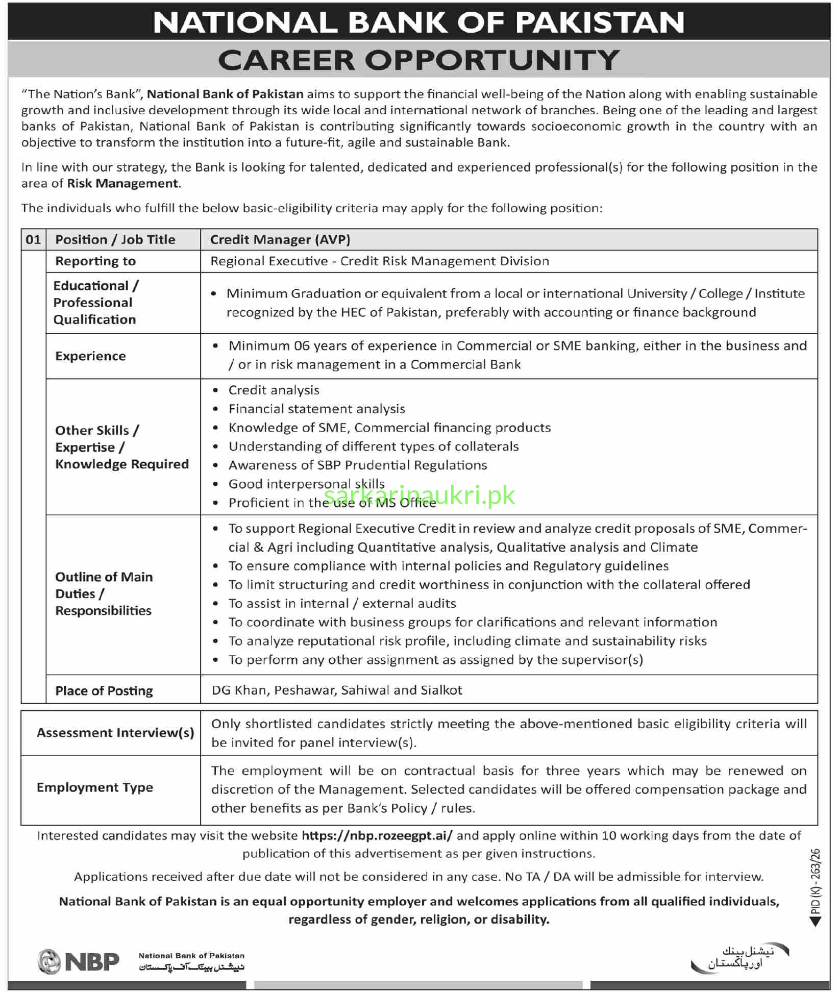 NBP Credit Manager Jobs 2026 – Apply Online at nbp.rozeegpt.ai