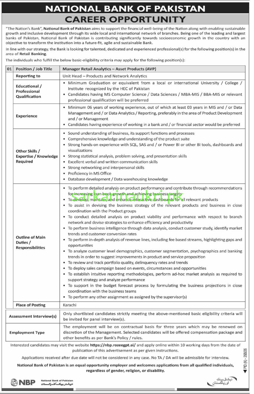 National Bank of Pakistan NBP Jobs 2026 – Apply Online for Manager Retail Analytics