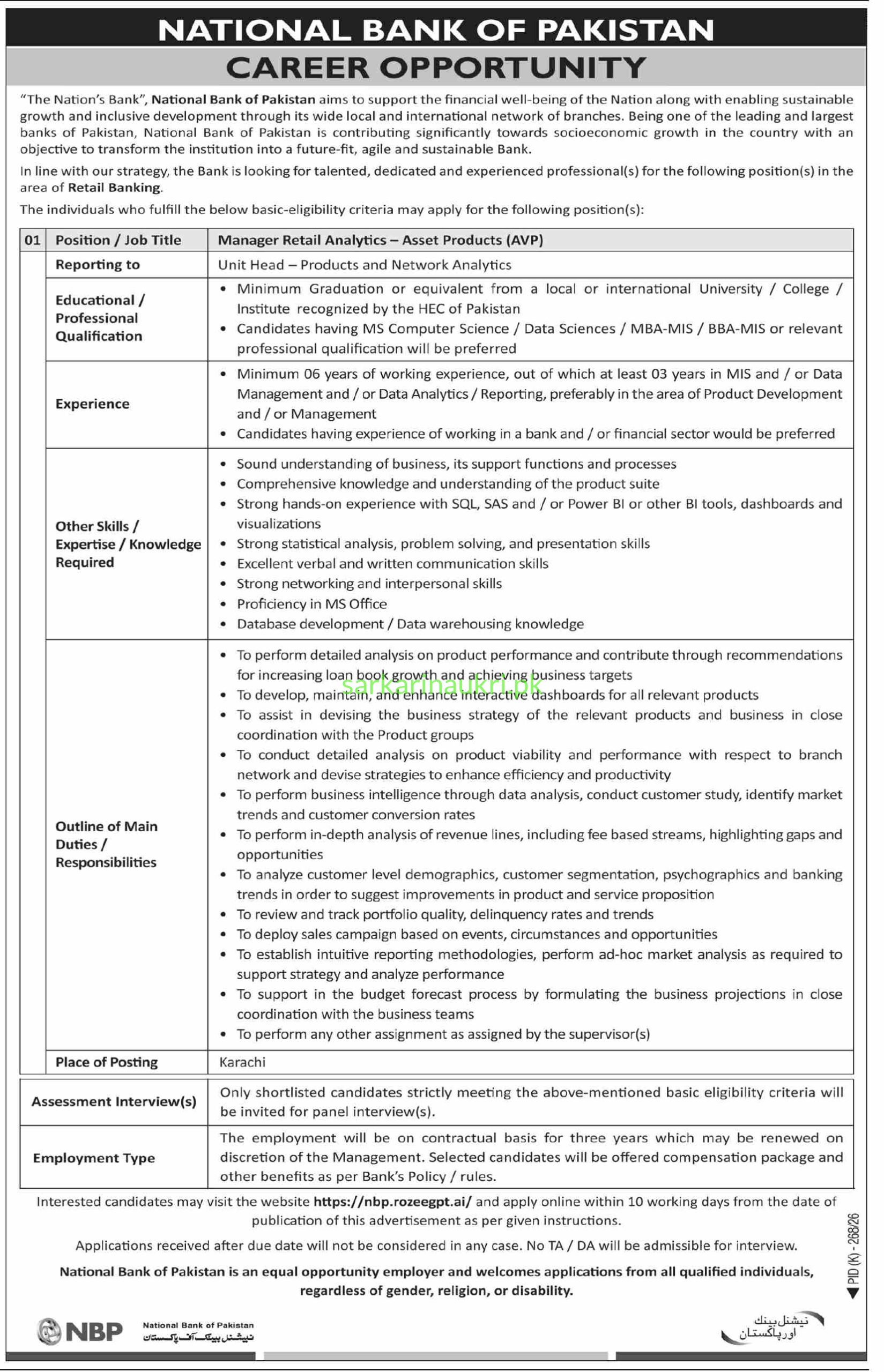 National Bank of Pakistan NBP Jobs 2026 – Apply Online for Manager Retail Analytics