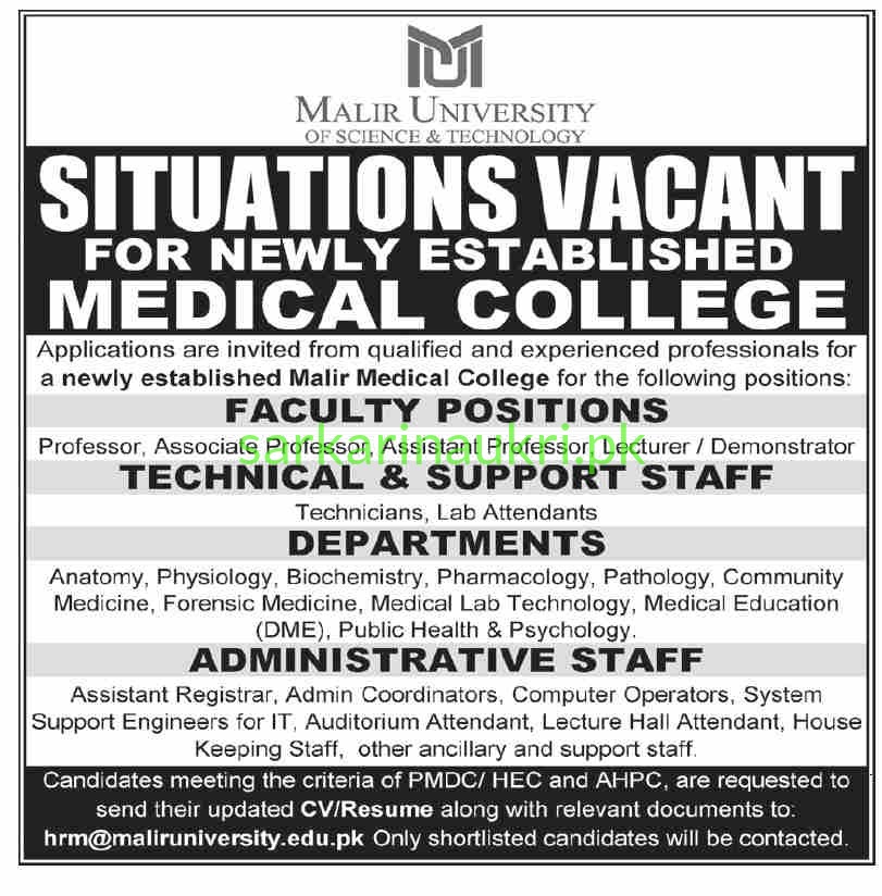 Malir University Jobs 2026 – Apply Online for Medical College Faculty & Staff