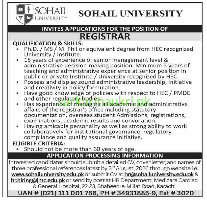 Sohail University Registrar Jobs 2026 – Apply Online at sohailuniversity.edu.pk