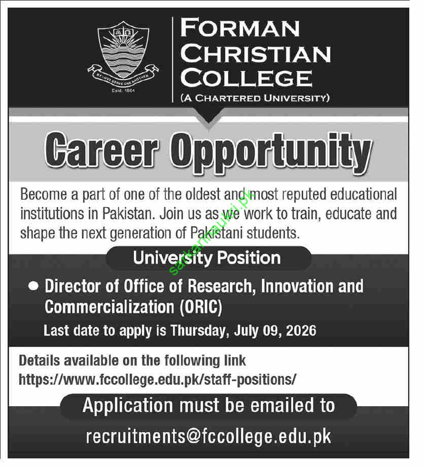 Forman Christian College (FCCU) Lahore Jobs 2026 – Apply Online