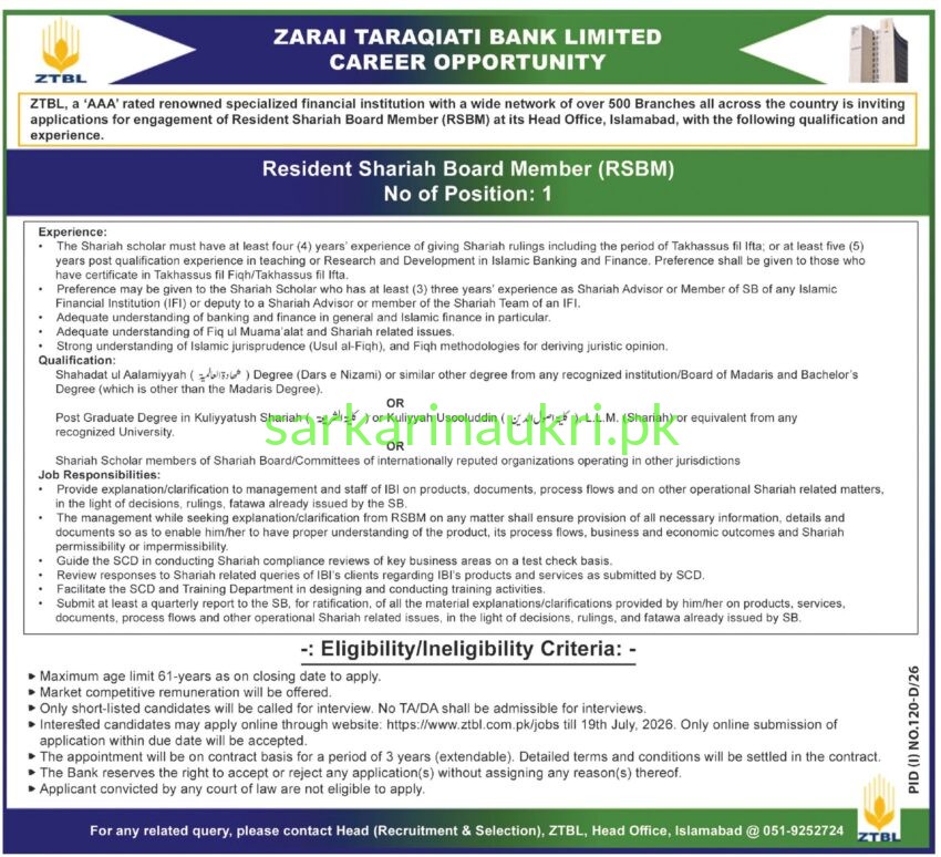 ZTBL Jobs 2026 – Resident Shariah Board Member Required in Islamabad (Apply at ztbl.com.pk/jobs)