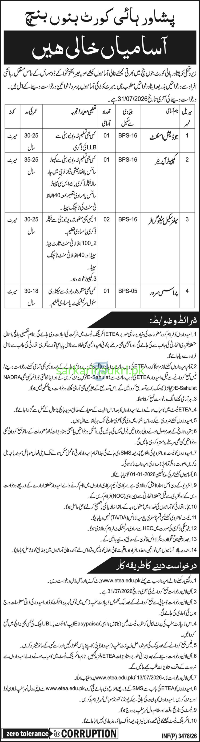 Peshawar High Court Bannu Bench Jobs 2026 | ETEA Advertisement