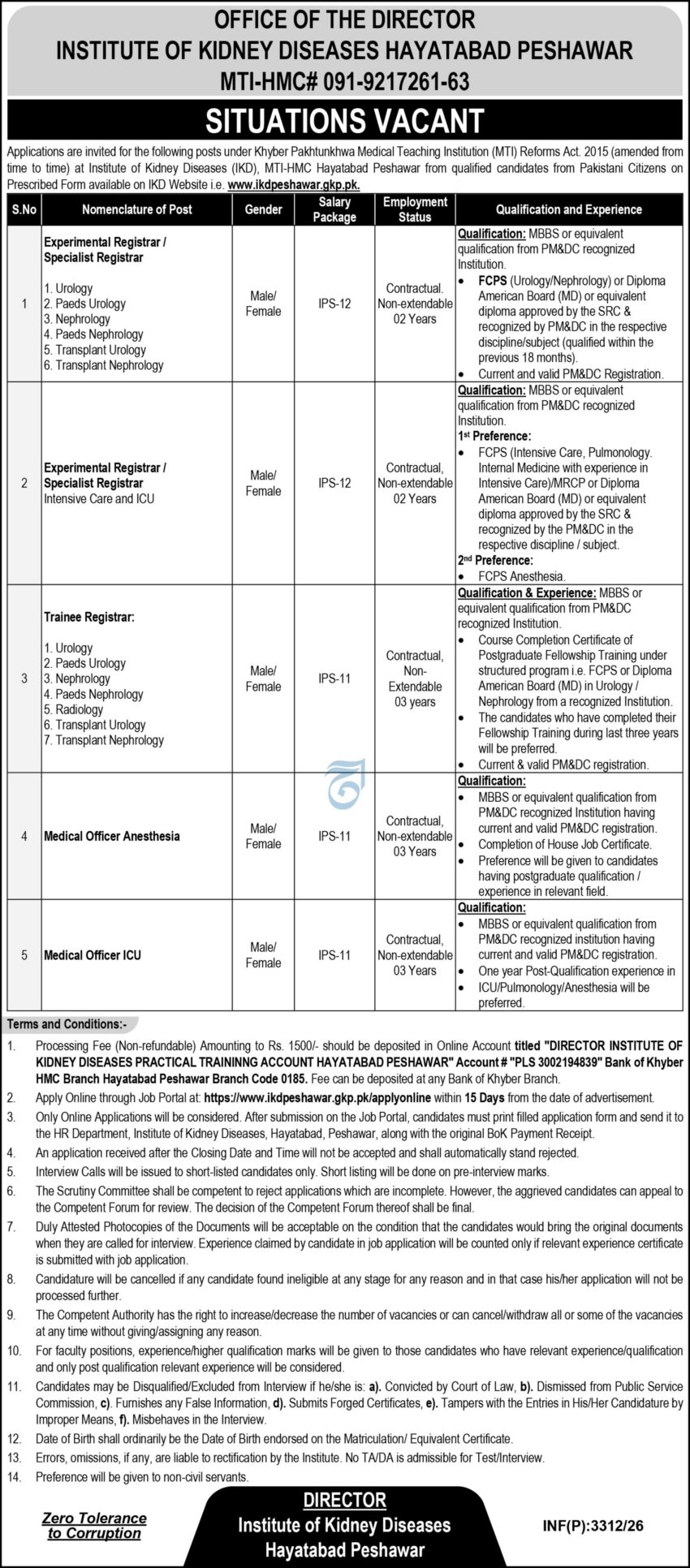Institute of Kidney Diseases Hayatabad Peshawar Jobs 2026