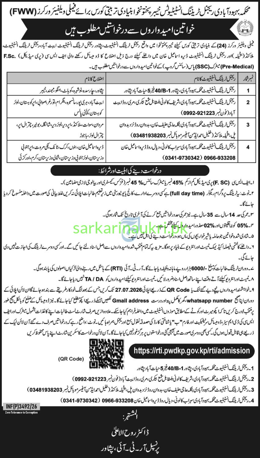 Family Welfare Workers Training Course 2026 | Population Welfare Department KP