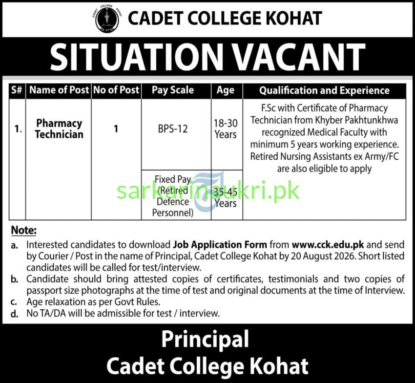 Cadet College Kohat | Jobs 2026 | Apply Online for Pharmacy Technician