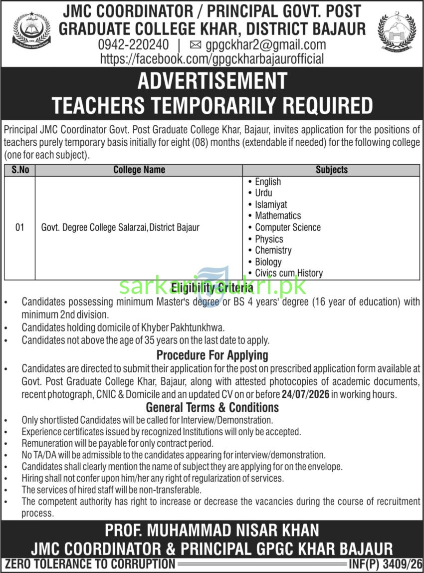 Govt. Post Graduate College Khar District Bajaur Jobs 2026 Teachers Temporarily Required