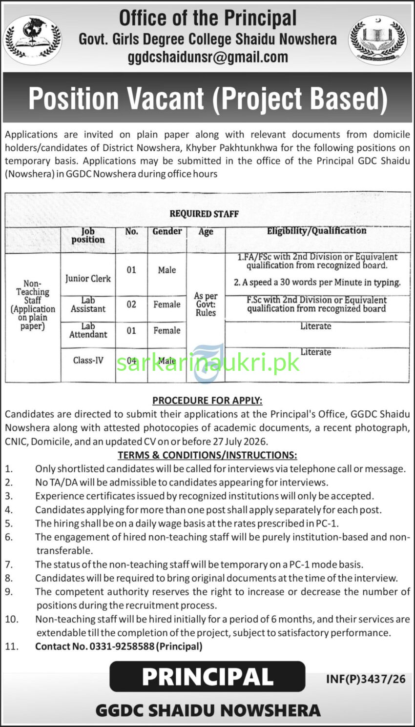 Govt Girls Degree College Shaidu Nowshera Jobs 2026: Non-Teaching Staff Required