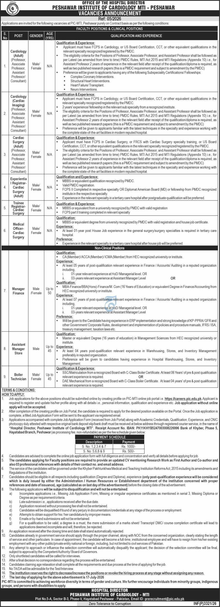 Peshawar Institute of Cardiology PIC MTI Peshawar Jobs 2026