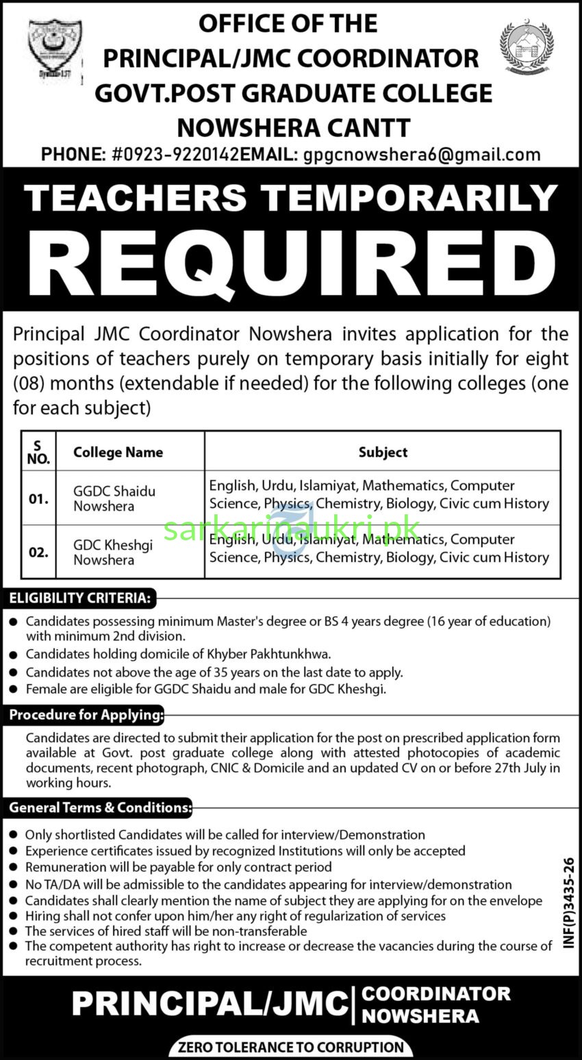 Govt Post Graduate College Nowshera Cantt Jobs 2026 | Teachers Recruitment