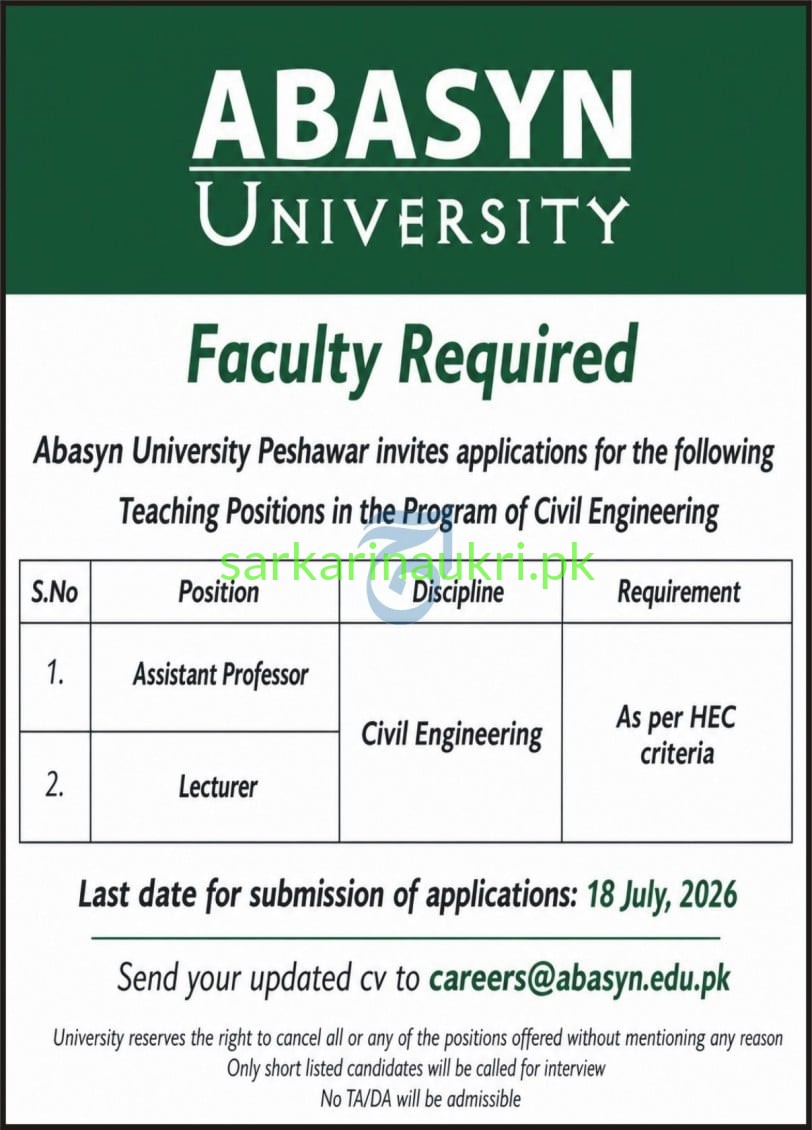 Abasyn University Peshawar Jobs 2026 – Assistant Professor & Lecturer Required (Civil Engineering)