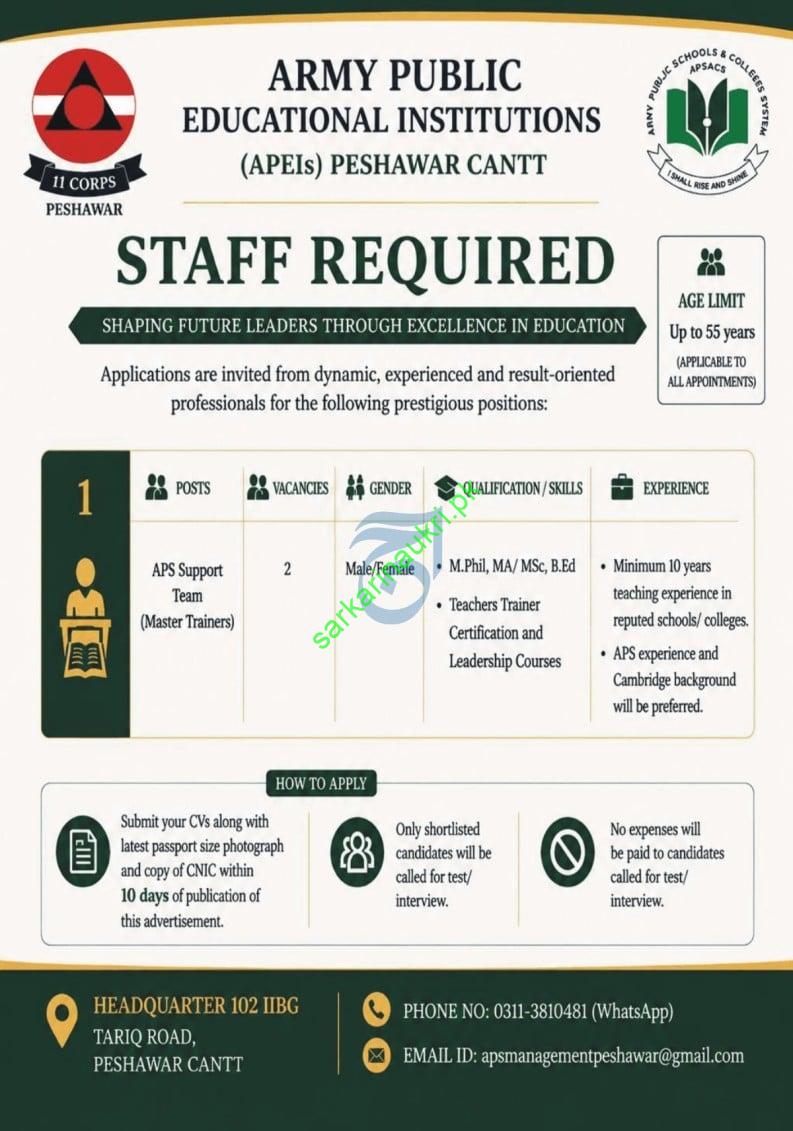 Army Public Educational Institutions APEIs Peshawar Jobs 2026