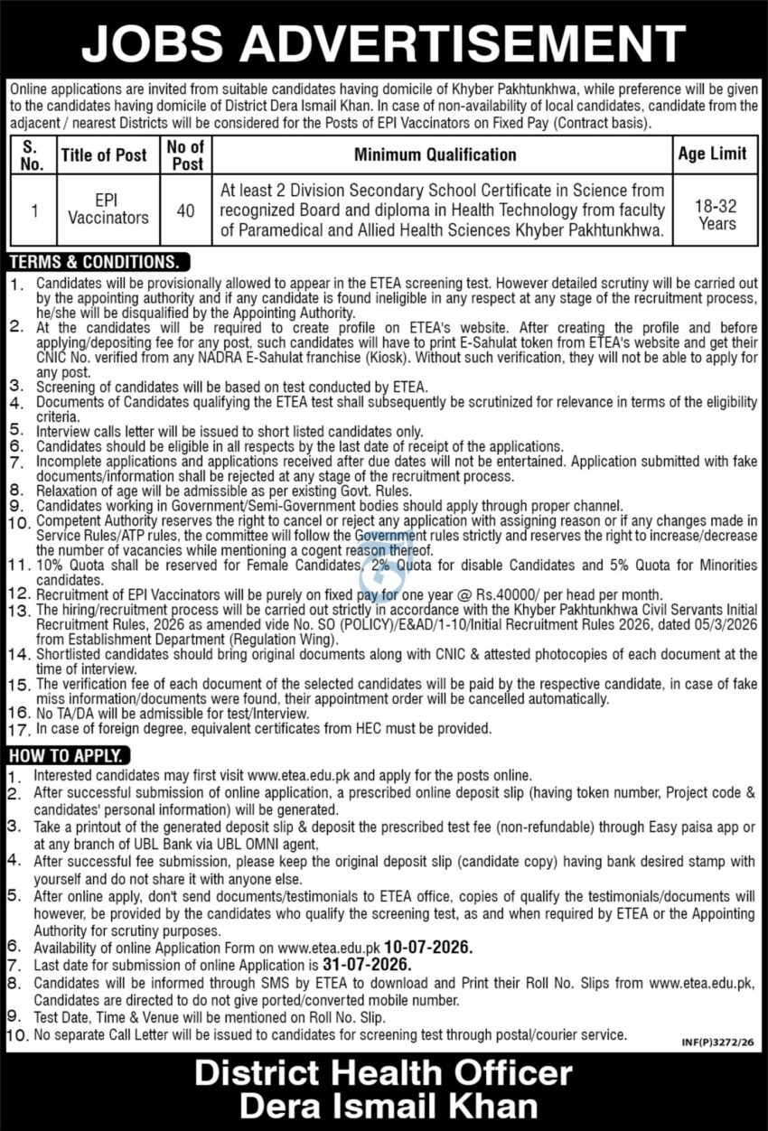 ETEA EPI Vaccinators Jobs 2026 District Health Officer Dera Ismail Khan