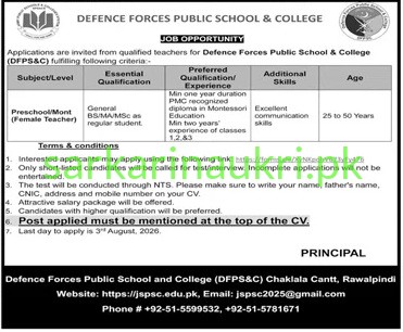 Defence Forces Public School & College (DFPS&C), Chaklala Cantt, Rawalpindi | Jobs 2026 | Apply Online for Preschool/Mont (Female Teacher)