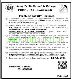 Army Public School & College, Fort Road Rawalpindi: Teaching Faculty Required 2026