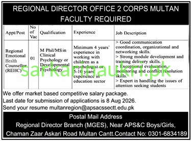 Regional Director Office 2 Corps Multan | Jobs 2026 | Apply Online for Faculty Required