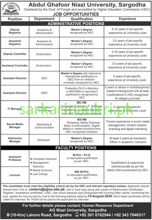 Abdul Ghafoor Niazi University, Sargodha | AGNU Jobs 2026 | Apply Online for Deputy Registrar, Assistant Registrar, Deputy/Assistant Controller, IT Manager, Assistant Professor, Lecturer & Other Positions